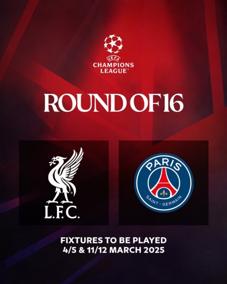 Confirmed fixture details for Liverpool’s Champions League last-16 tie with Paris Saint-Germain.